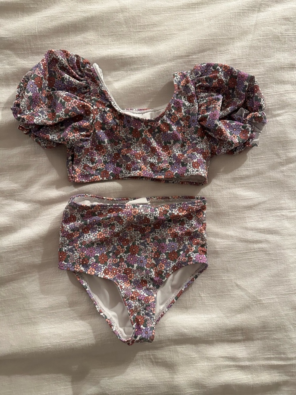 Cotton On Girls Purple Floral Puff Sleeve Bikini Set